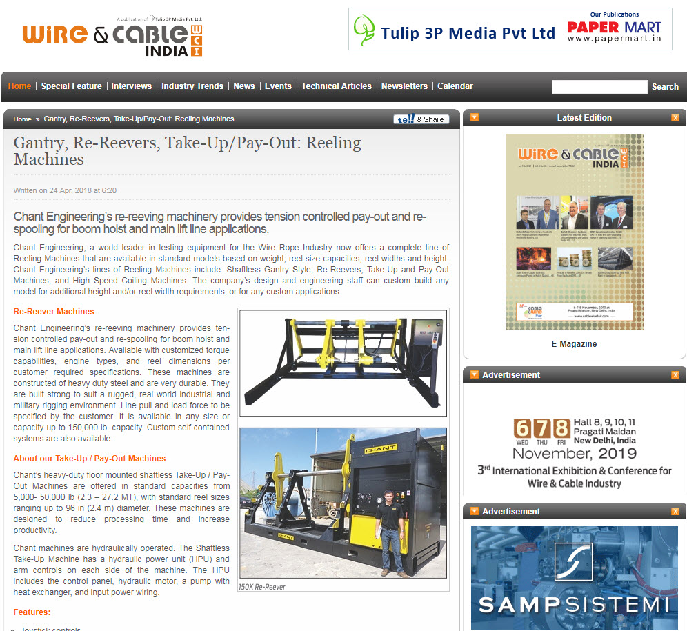 Reeling Machines: Featured on Wire & Cable India